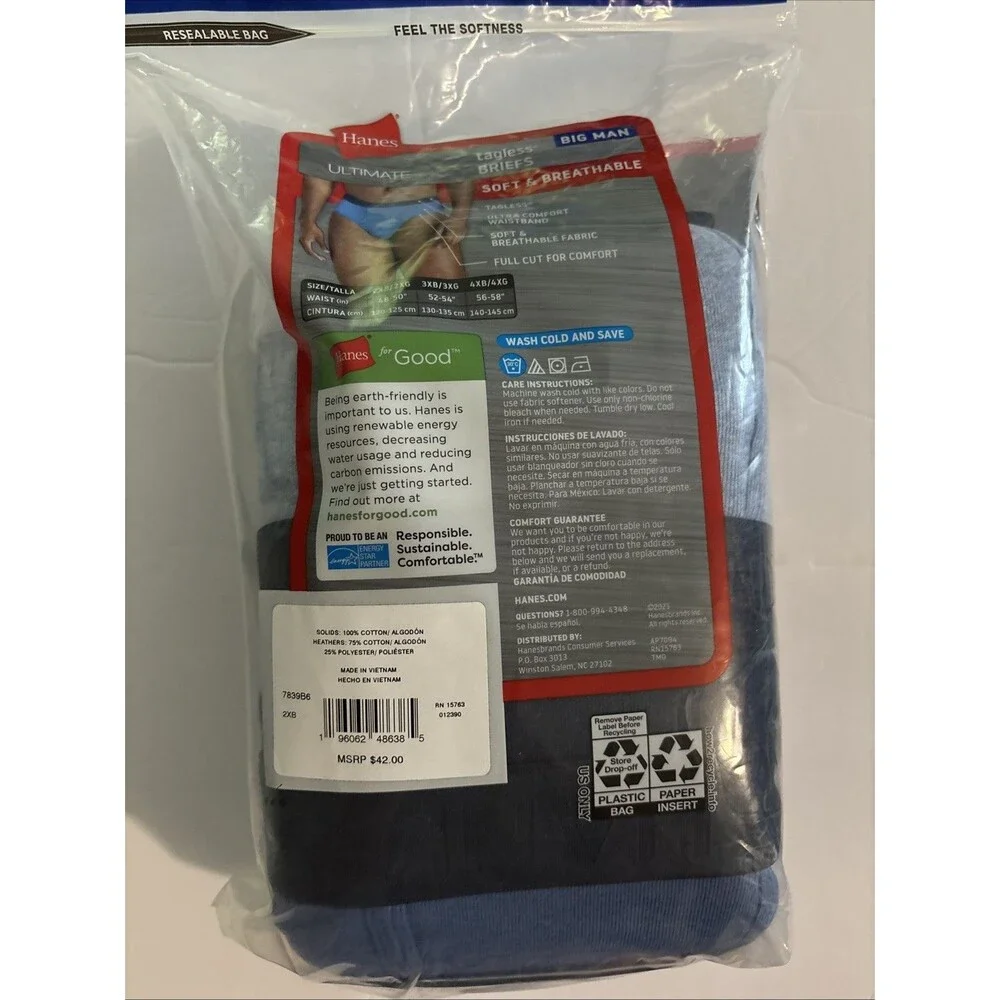 Hanes Briefs Men 2XB Multi Ultimate Big Man Tagless 6-Pack 7839B6 48-50” NEW